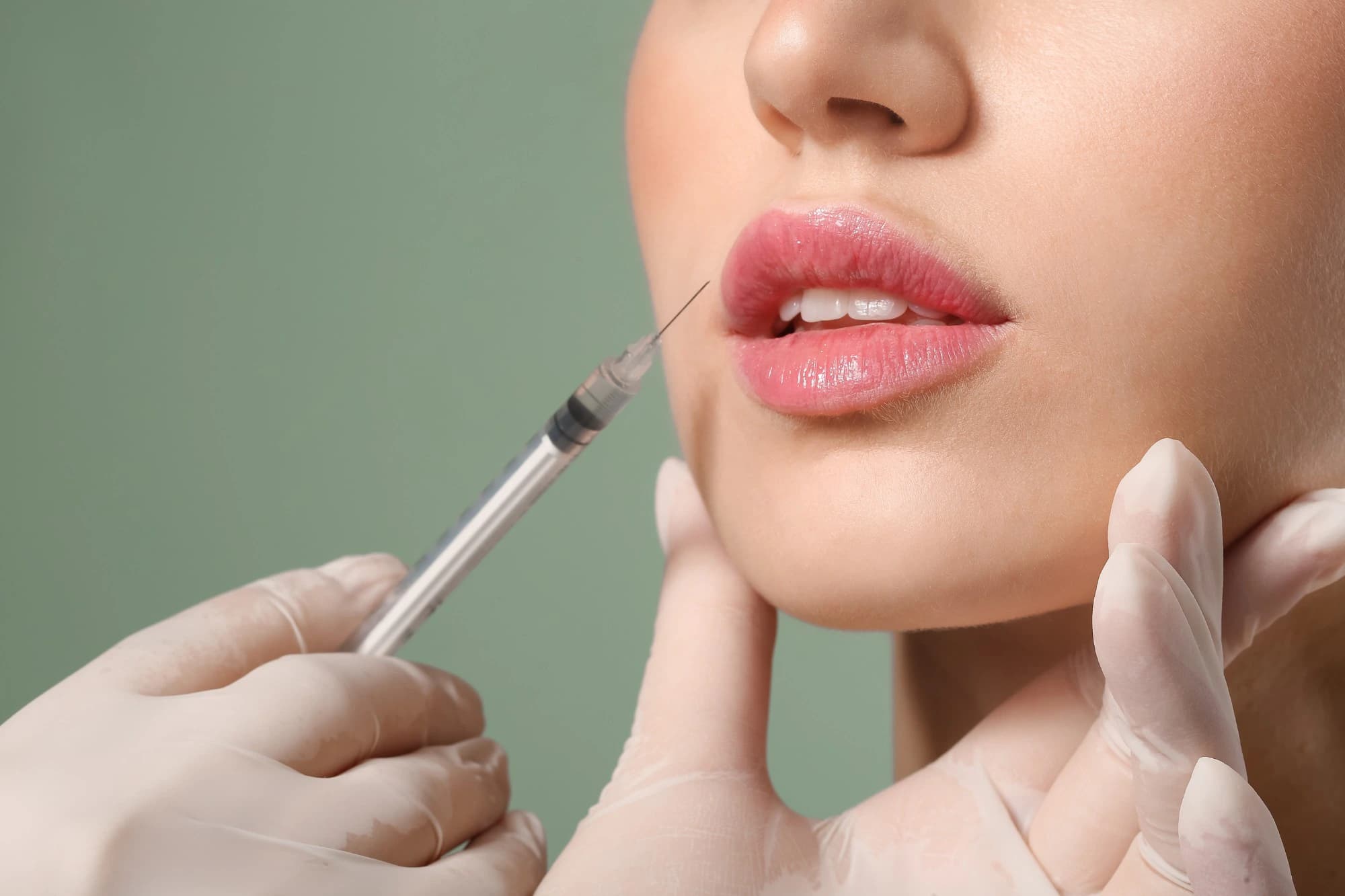 A gloved provider holding a syringe near a woman's lips before a lip filler injection, the start of the lip filler recovery timeline