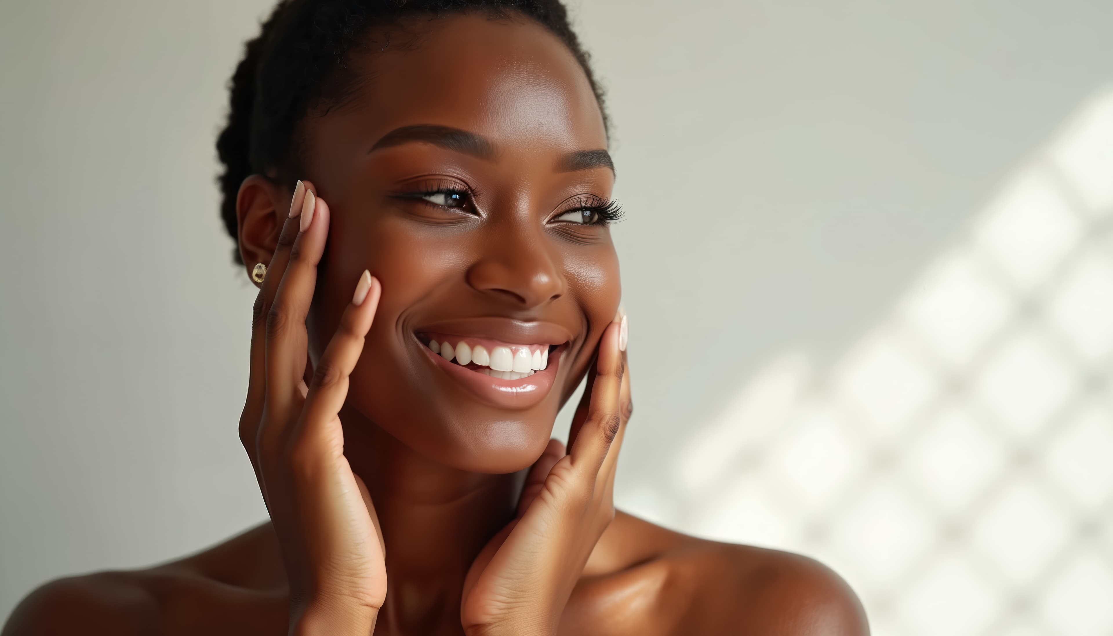 A woman with a deeper skin tone and a clear, even complexion