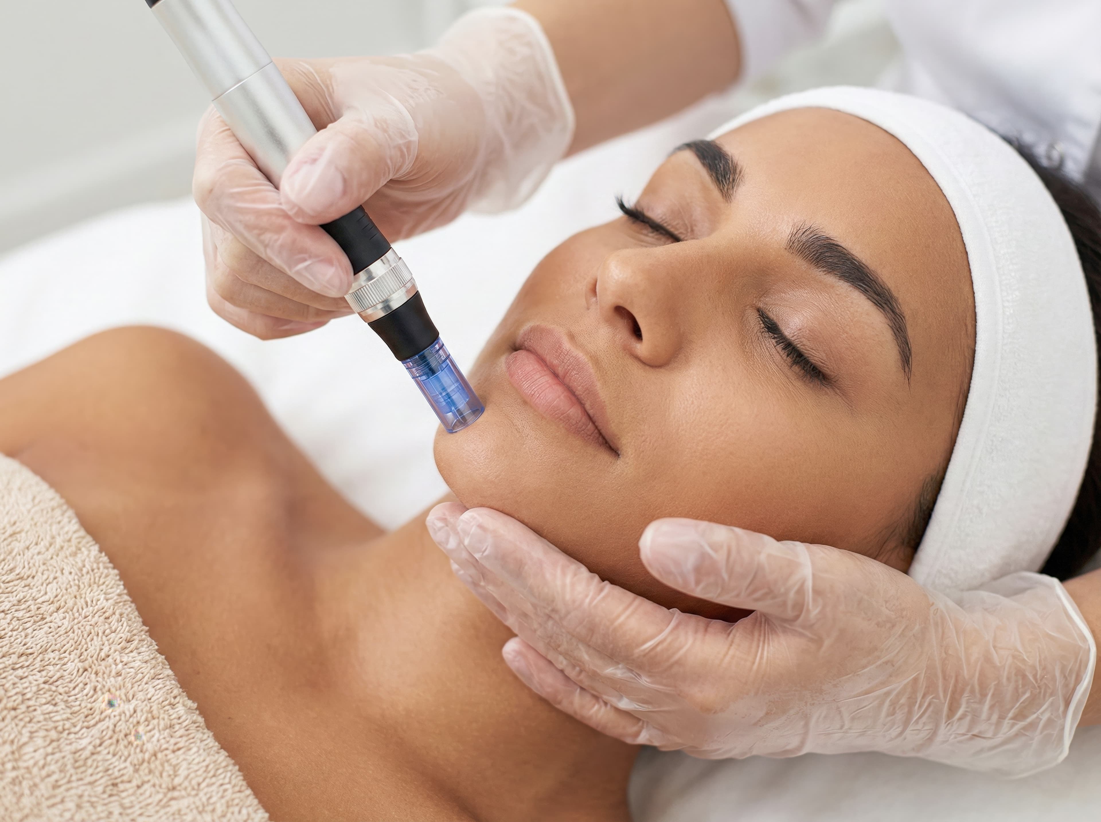 A microneedling pen being used along a patient's jawline