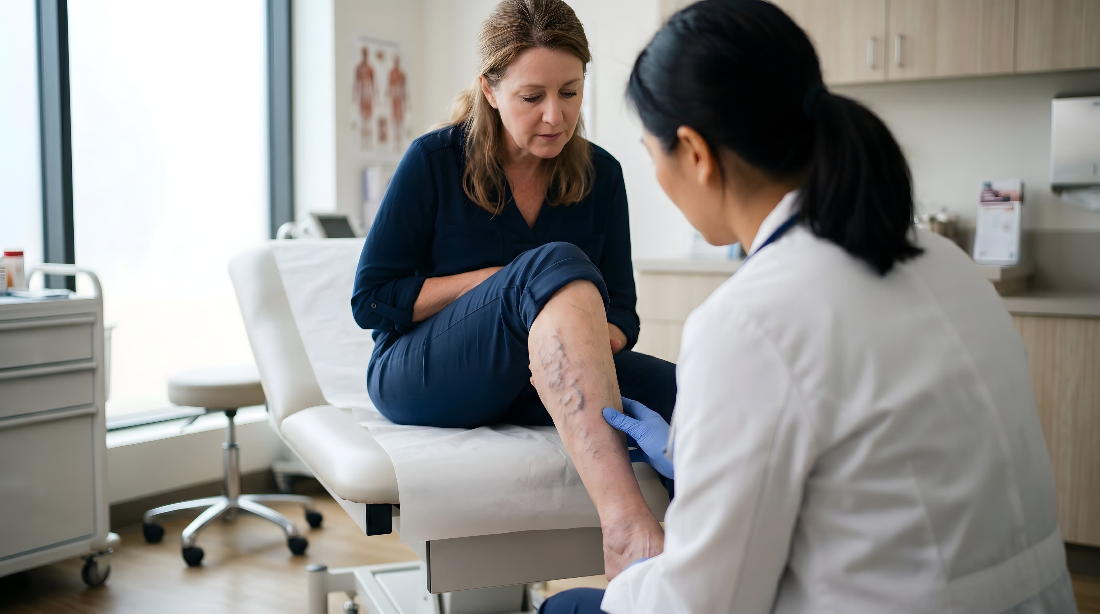 A doctor examining a patient's visible leg veins during a consultation