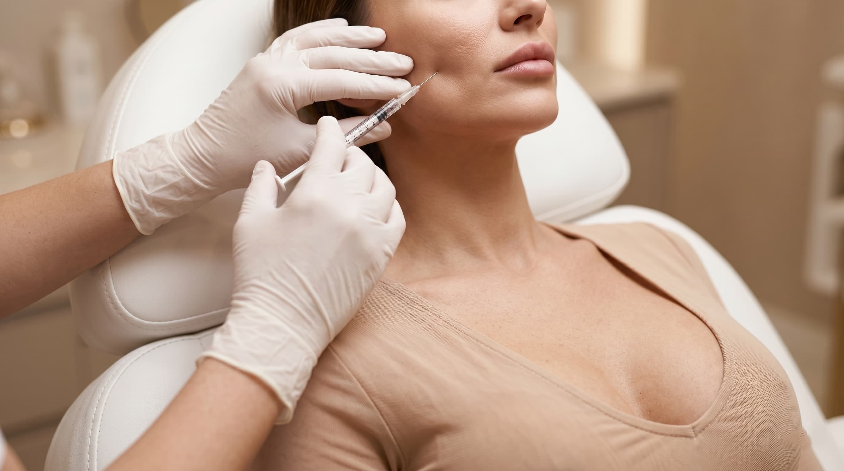 Close-up of a provider injecting dermal filler along a patient's jawline