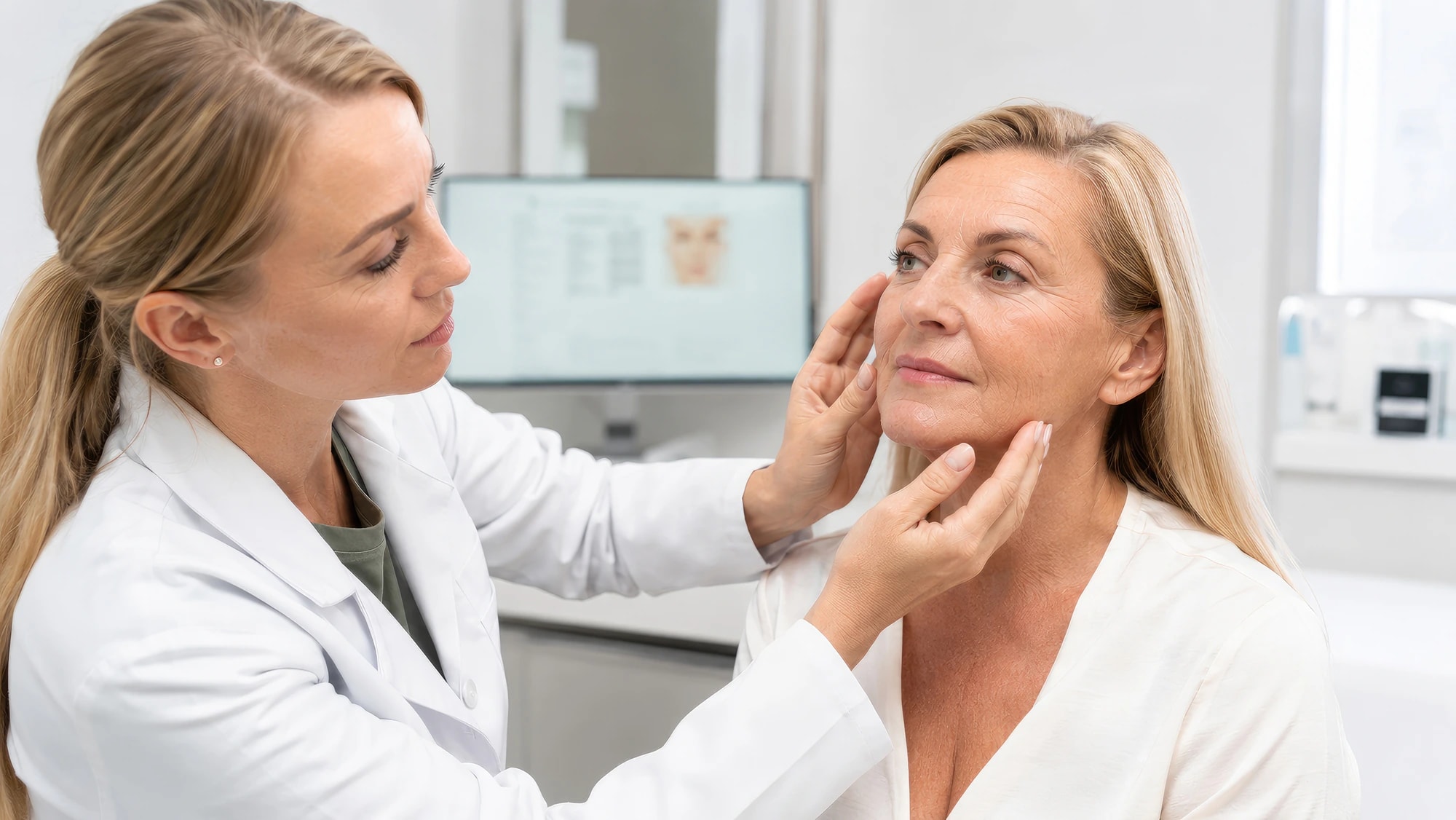 A provider assessing a client's face during a consultation to choose between Botox® and Dysport®