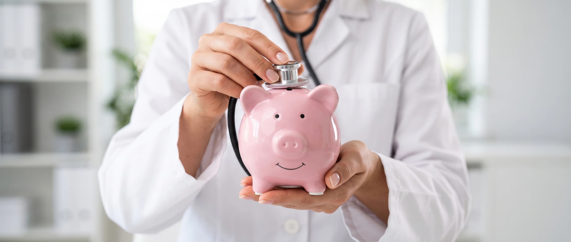 A pink piggy bank held with a stethoscope, representing the cost of Botox® treatment