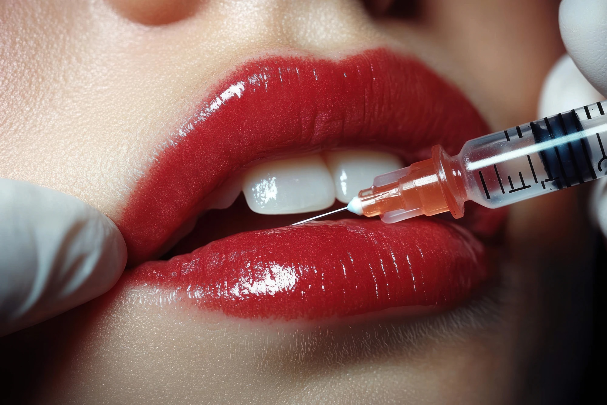 A syringe held near a woman's lips before a lip filler treatment, representing lip filler cost