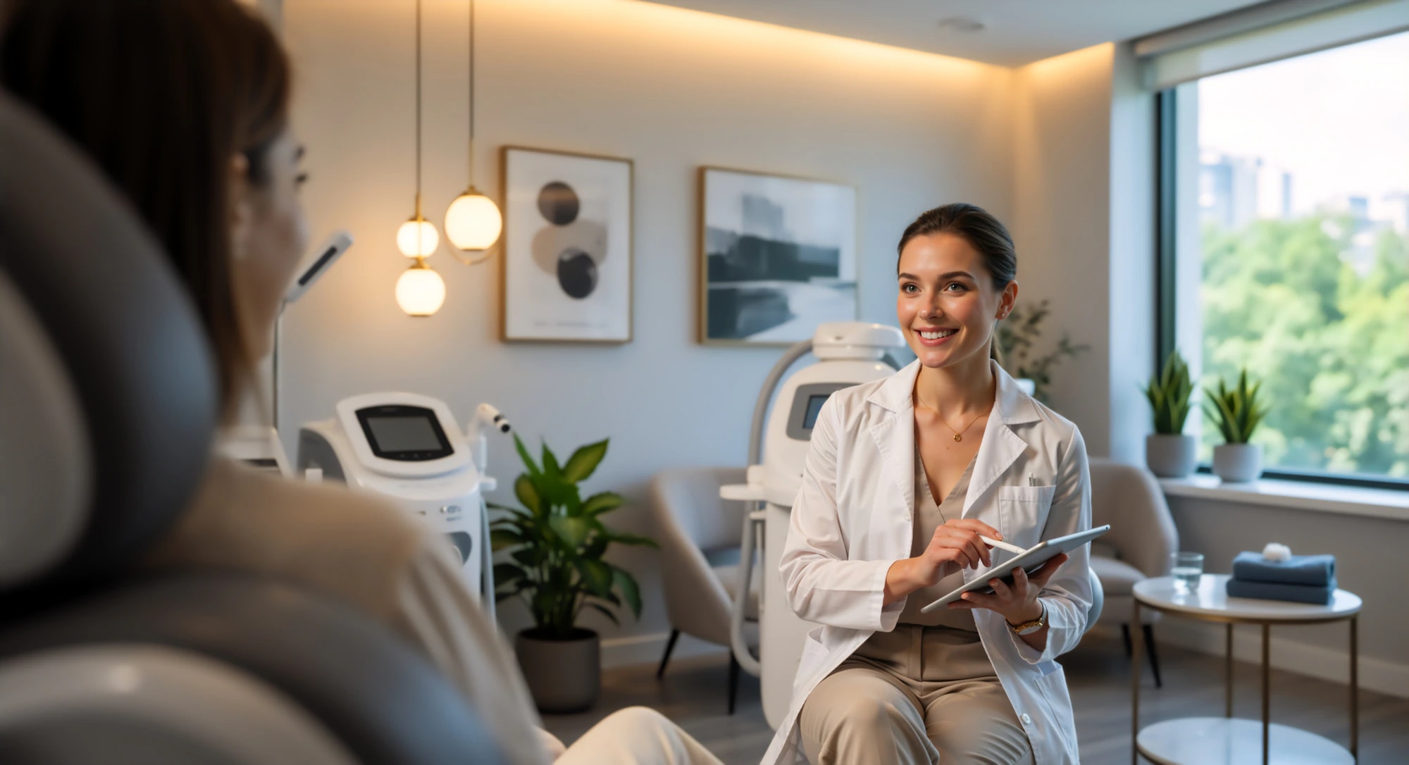 A smiling provider with a tablet planning a Botox® treatment schedule with a client