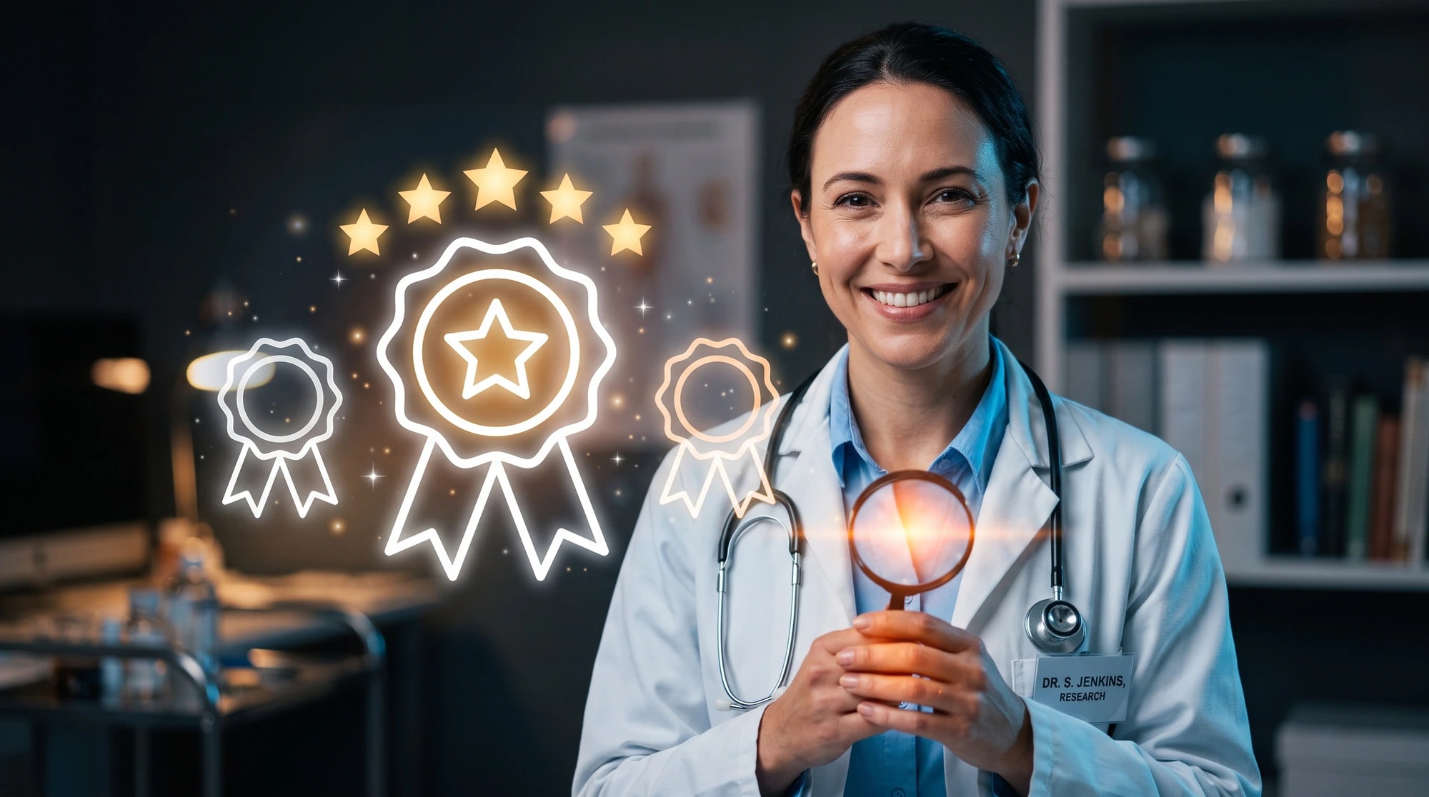 A smiling provider in a white coat with glowing award badges, representing verified aesthetic provider credentials
