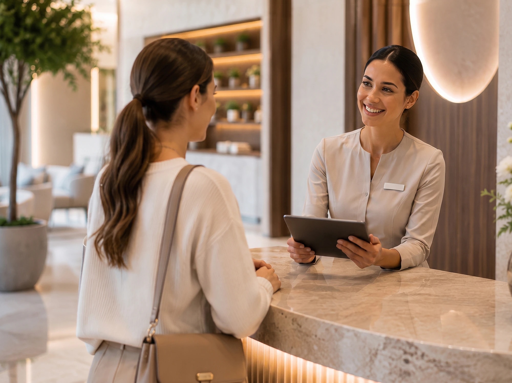 A client being welcomed at the reception desk of a medspa while choosing where to book