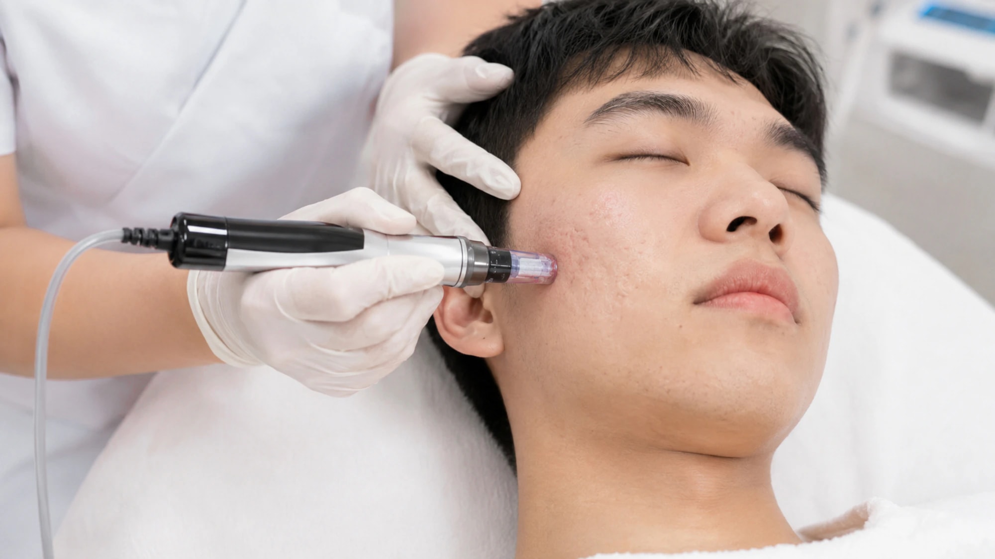 A provider using a microneedling pen on a client's cheek